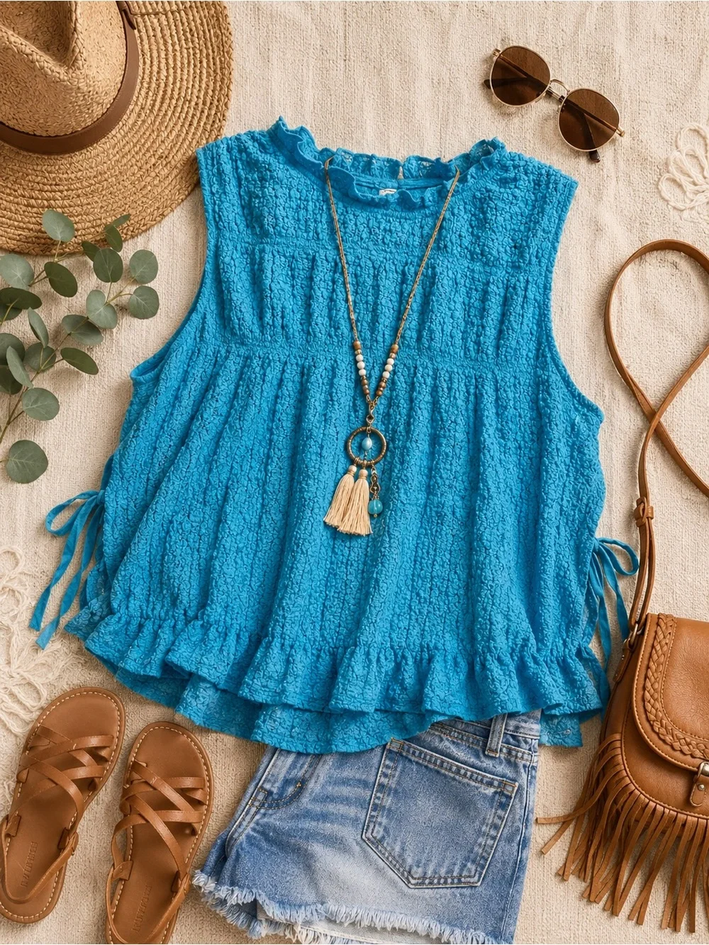 Free People Turquoise Textured Side-Tie Boho Cinch Me Top